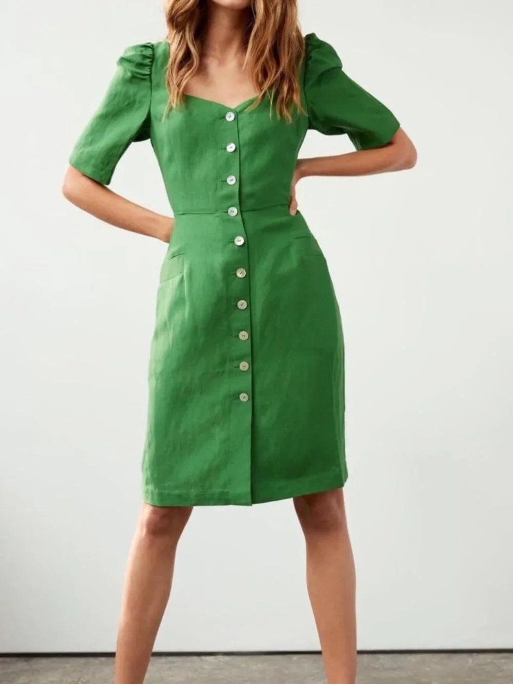 Aritzia Le Fou Wilfred Michalina Dress NWT Puff Sleeve Emerald Green Size 8 - Picture 10 of 10